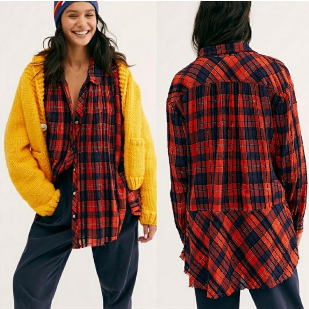 We The Free The Lela Metallic Plaid Flannel Button Down Tunic Oversized